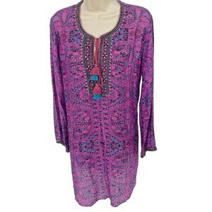 Bella Tu Small/Medium Beaded Tassel Tunic Mini Dress Tie Neck Shift Purple Pink